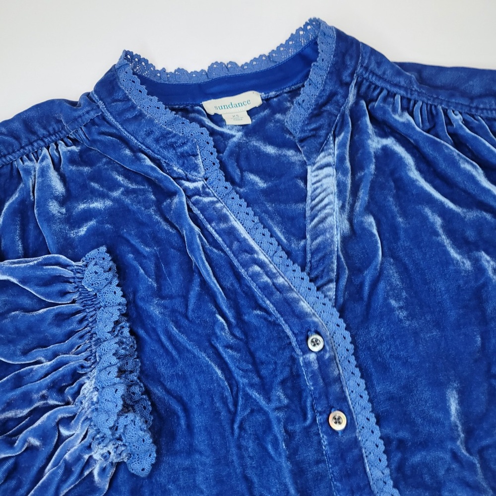 Sundance Velvet Blouse Womens XS Blue Good Silk Blend Crochet Lace Boho Top